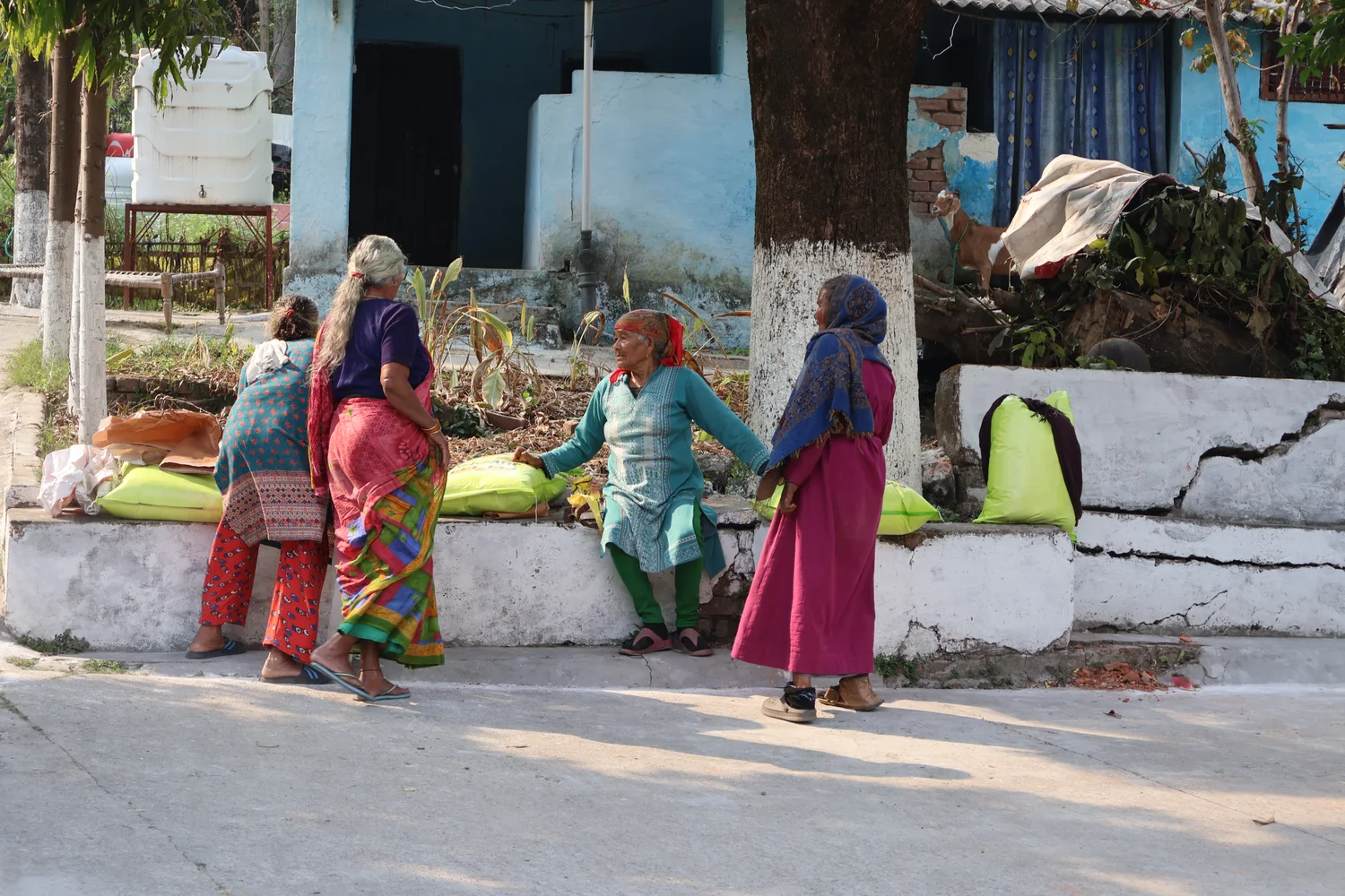 Residents speak together beside bags in the outdoor handover area.